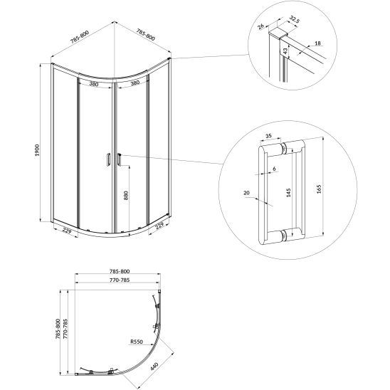 Set zuhanykabin Cersanit Arteco S157-001, félkör alakú zuhanytálca Cersanit Tako S204-003