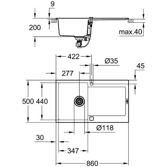 Készlet gránit mosogató Grohe K500 31644AP0, konyhai csaptelep Grohe Start 30531DC1