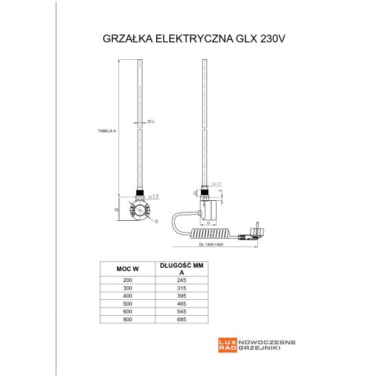 Készlet elektromos fűtés Luxrad Kastor Elektro KAST9455809003ERG, elektromos fűtőpatron Luxrad GLX GLX400B