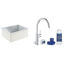 Készlet kezdőkészlet konyhai csapteleppel Grohe Blue 30385000, acél mosogató Grohe K700 31726SD0