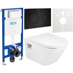 Zestaw Roca Gap miska WC wisząca Rimless z deską sedesową wolnoopadającą i stelaż podtynkowy Duplo One z przyciskiem spłukującym PL10 czarny mat (A34647F000, A80148200U, A890070020, A890189206, A890063000)