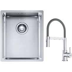 Készlet acél mosogató Franke Box 127.0453.653, konyhai csaptelep Franke Lina 115.0626.087, 112.0545.792