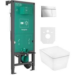 Készlet WC csésze lassú záródású ülőkével Hansgrohe EluPura Q 60293450, öblítő gomb Hansgrohe Element E 66003000, 01022180