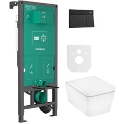 Készlet WC csésze lassú záródású ülőkével Hansgrohe EluPura Q 60293450, öblítő gomb Hansgrohe Element E 66003670, 01022180