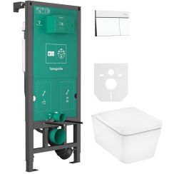 Készlet WC csésze lassú záródású ülőkével Hansgrohe EluPura Q 60293450, öblítő gomb Hansgrohe Element E 66003700, 01022180