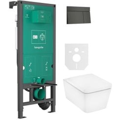 Készlet WC csésze lassú záródású ülőkével Hansgrohe EluPura Q 60293450, öblítő gomb Hansgrohe Element E 66003340, 01022180
