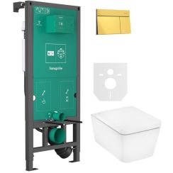 Készlet WC csésze lassú záródású ülőkével Hansgrohe EluPura Q 60293450, öblítő gomb Hansgrohe Element E 66003990, 01022180